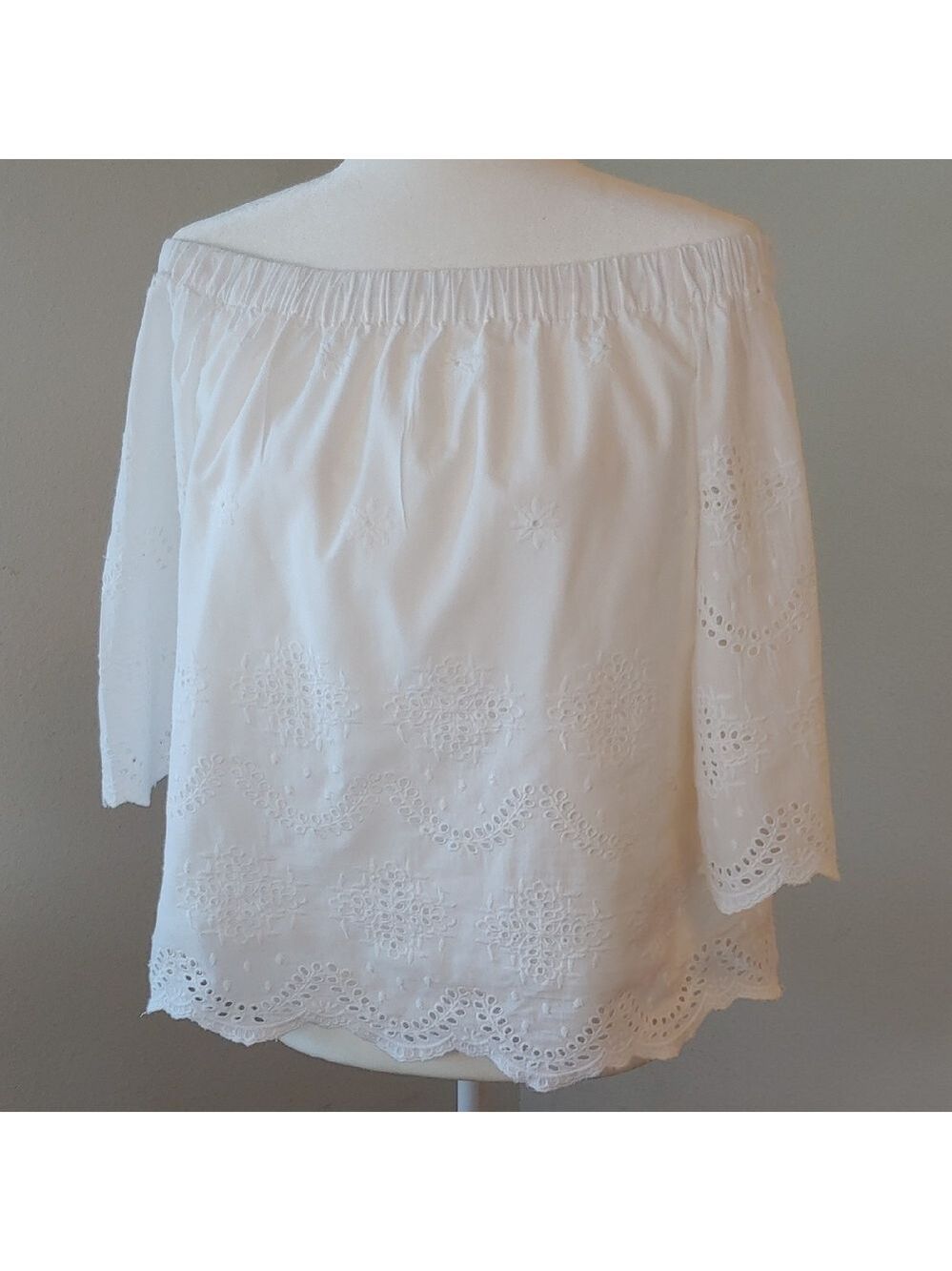 Saks Fifth Avenue White Cotton Eyelet 3/4 Sleeve Off Shoulders Top Women's Med - Picture 1 of 15